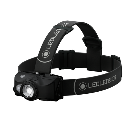 Ledlenser MH8 rechargeable head torch in black with top strap, angled view