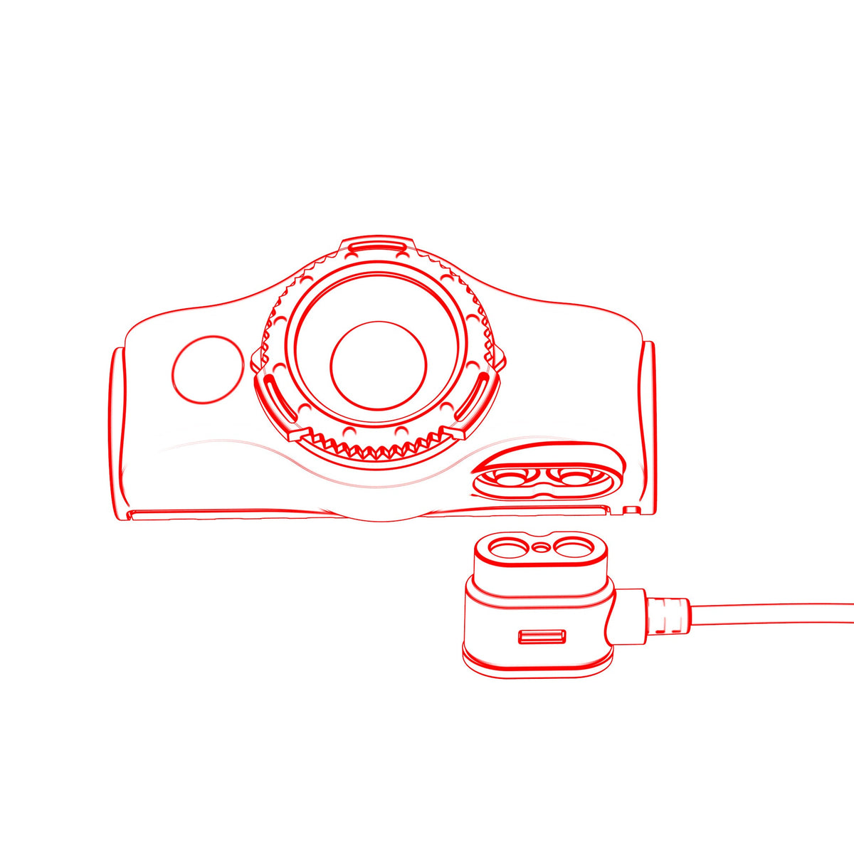Line drawing of the Ledlenser MH8 magnetic charging connector clipping to the lamp head