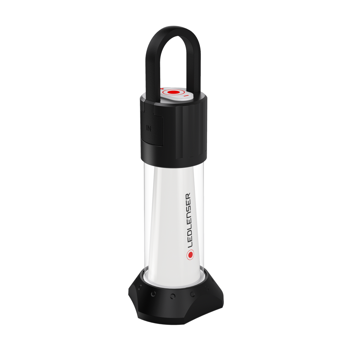 Ledlenser ML6 rechargeable camping lantern on its rubber stand, angled view