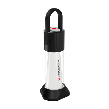 Ledlenser ML6 rechargeable camping lantern on its rubber stand, angled view