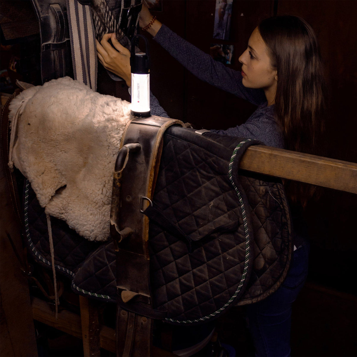 Woman in a stable beside a saddle, lit by the Ledlenser ML6 lantern