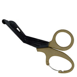 Tough Cut Shears with angled black blades and tan handle with carabiner clip