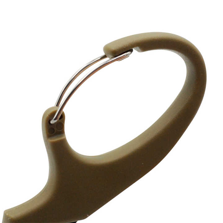 Close-up of the wire-gate carabiner built into the tan shears handle