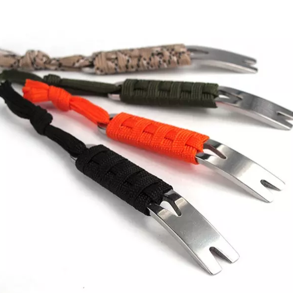 Mini Pry Bar in desert, green, orange and black paracord, notched stainless steel tips