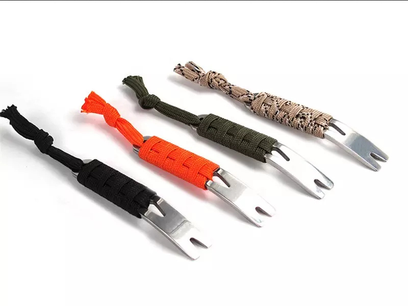 Four Mini Pry Bars in a row, black, orange, green and desert paracord wrapped handles