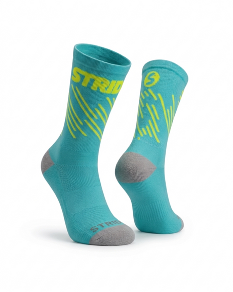 Stride North East Lucid Strike running socks, pair in turquoise with fluorescent yellow logo and grey heel and toe