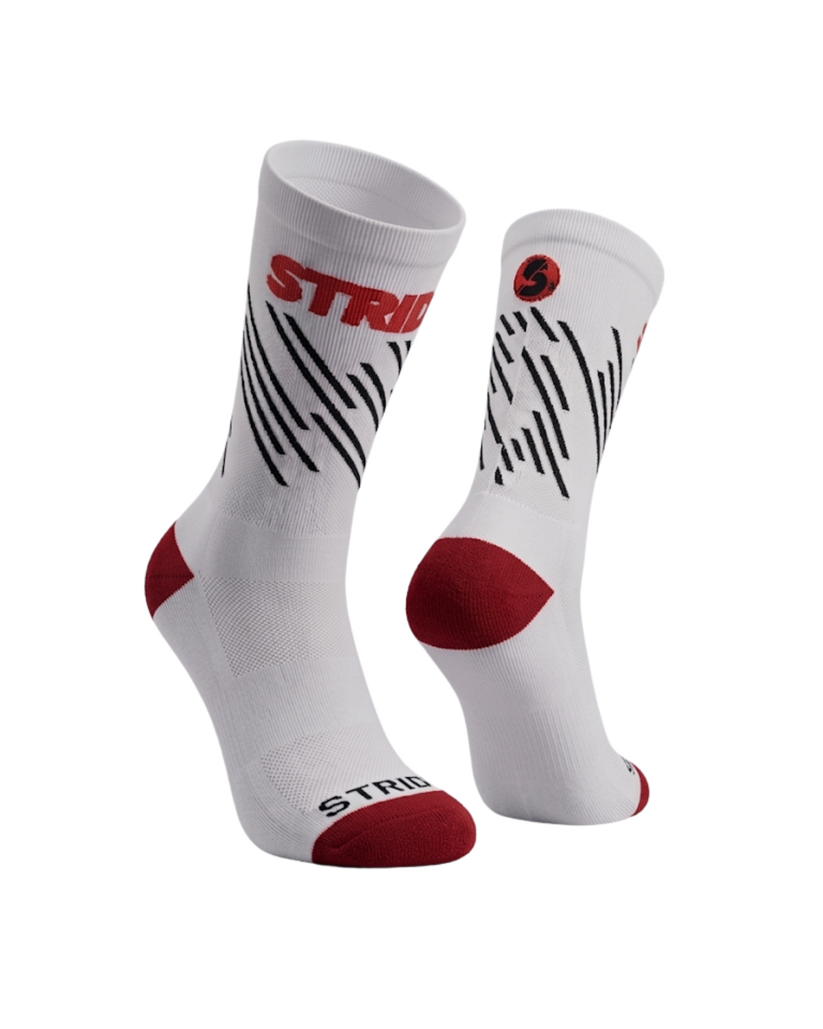 Stride North East Race Core running socks, pair in white with red STRIDE logo, black dashes and red heel and toe