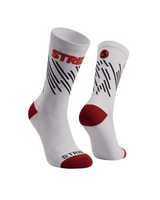 Stride North East Race Core running socks, pair in white with red STRIDE logo, black dashes and red heel and toe
