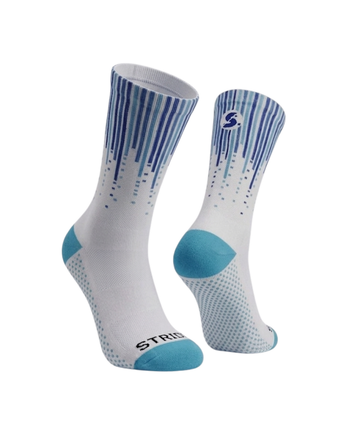 Stride North East Infinite Blue running socks, pair in white with blue drip stripes and teal-blue heel and toe