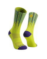Stride North East Volt Rush running socks, pair in fluorescent yellow with navy drip stripes and indigo heel and toe