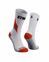 Stride North East Ember Ignite running socks, pair in white with red-orange flame graphic and red-orange heel and toe