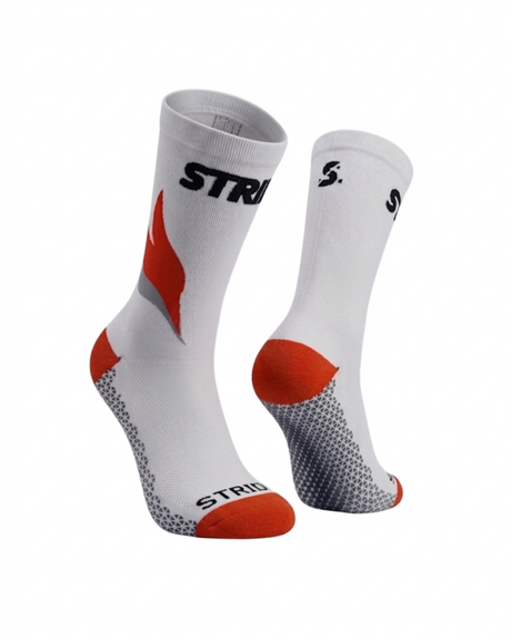 Stride North East Ember Ignite running socks, pair in white with red-orange flame graphic and red-orange heel and toe
