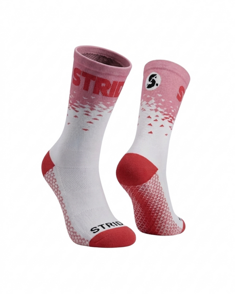Stride North East Flash Pink running socks, pair with pink cuff fading to white and red heel and toe