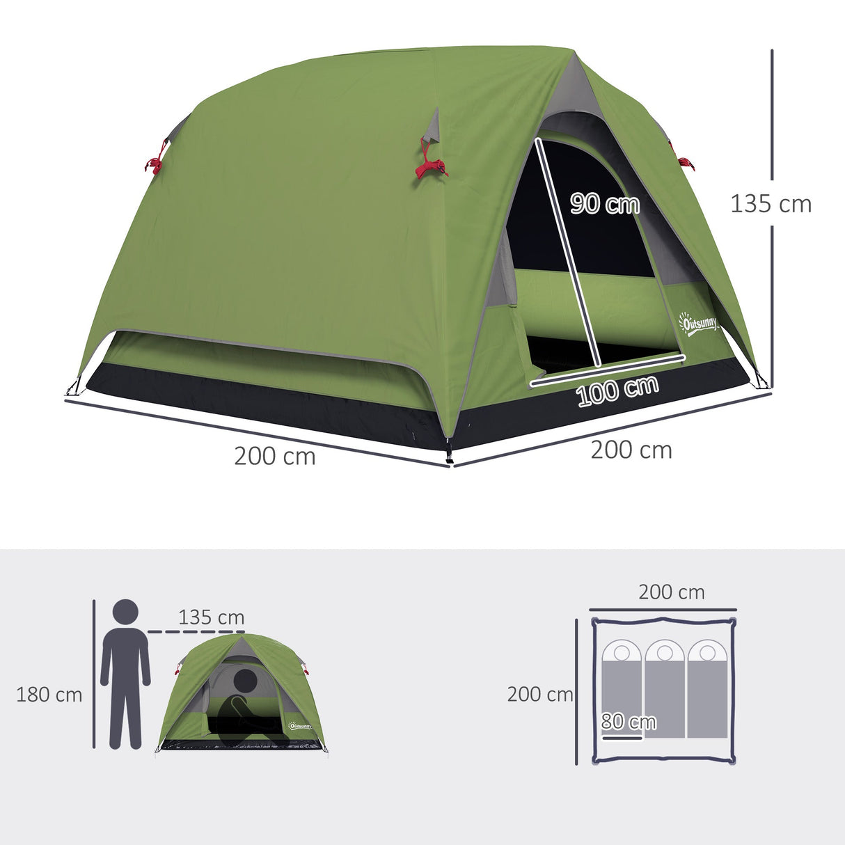Outsunny 3-4 Person Camping Tent - Olive Green & Grey side profile
