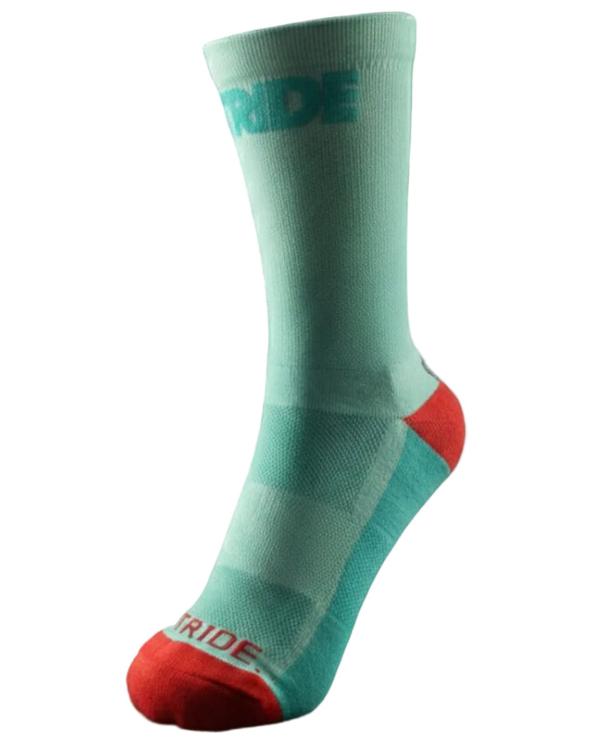 Stride North East Ocean Wave running sock in mint green with red heel and toe, side view