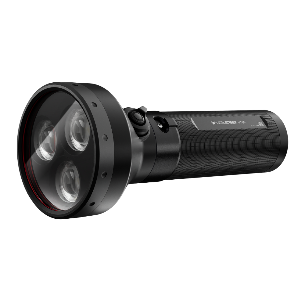 Ledlenser P18R rechargeable torch with three lenses, angled view