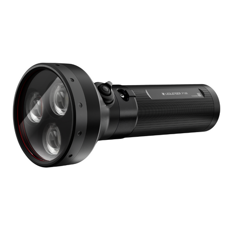 Ledlenser P18R rechargeable torch with three lenses, angled view