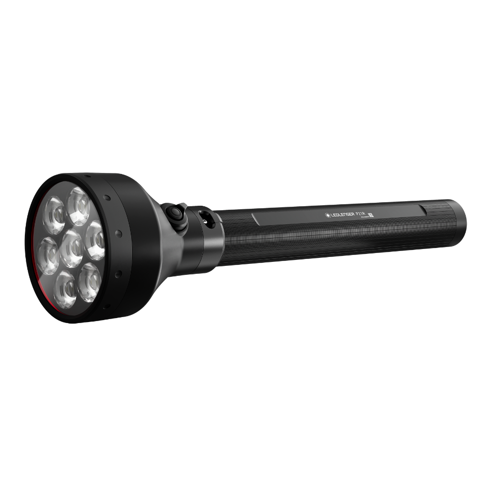 Ledlenser P21R rechargeable torch with seven lenses, angled view