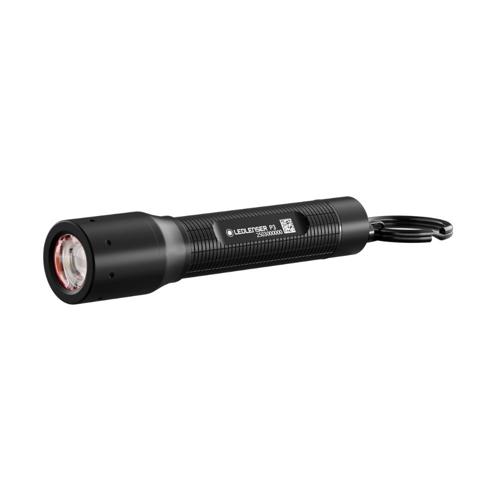 Ledlenser P3 keyring torch with key ring, angled view