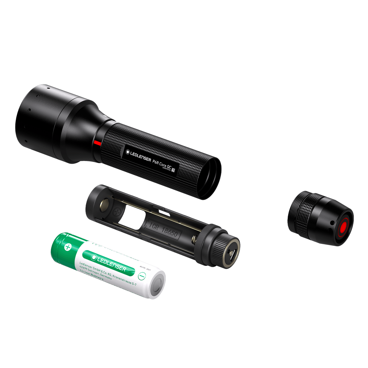 Ledlenser P6R Core QC opened up to show the 18650 battery and battery holder