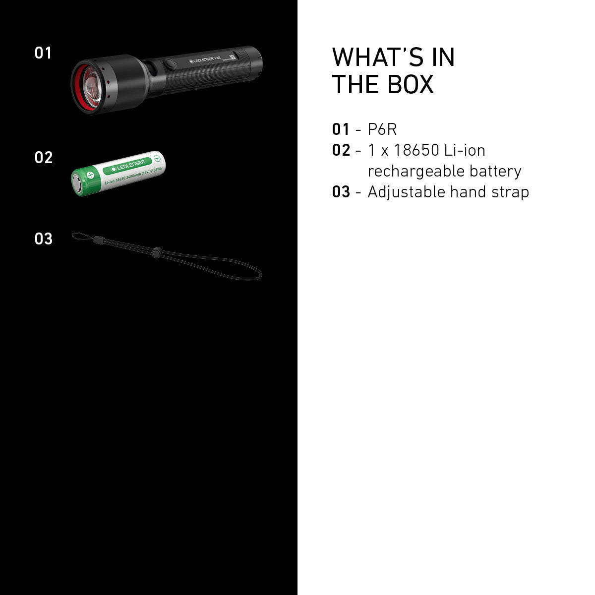 What is in the box with the Ledlenser P6R: torch, 18650 battery and hand strap