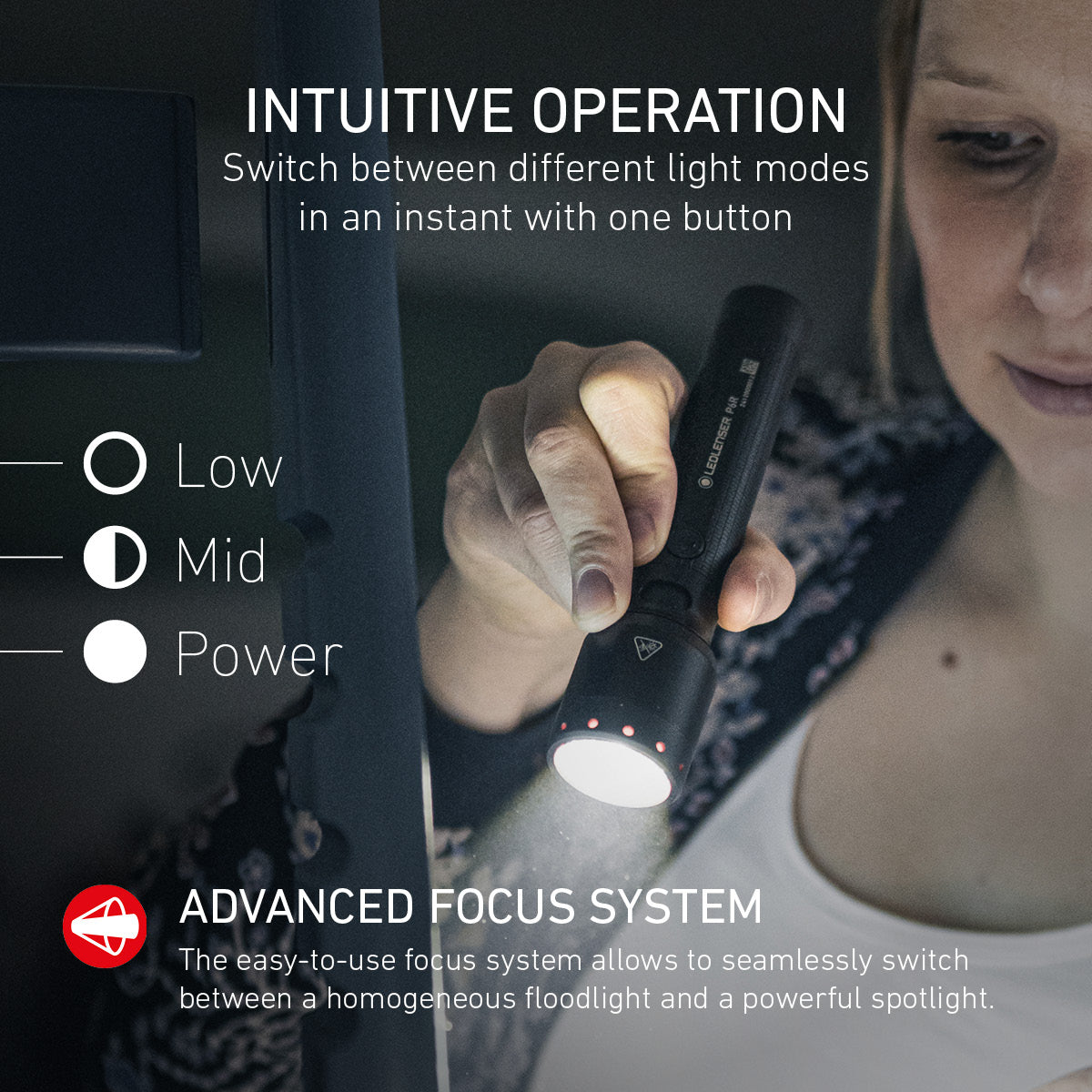 Woman using the Ledlenser P6R, with its one button control and focus system