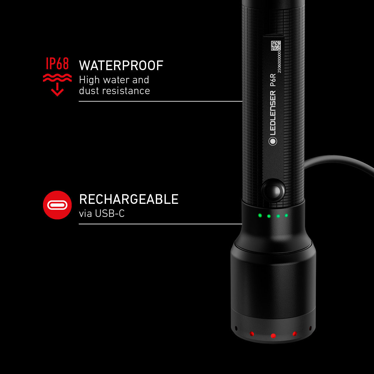 Ledlenser P6R infographic showing IP68 and USB-C charging