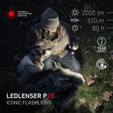 Man crouching with a collie dog at night, lit by the Ledlenser P7R