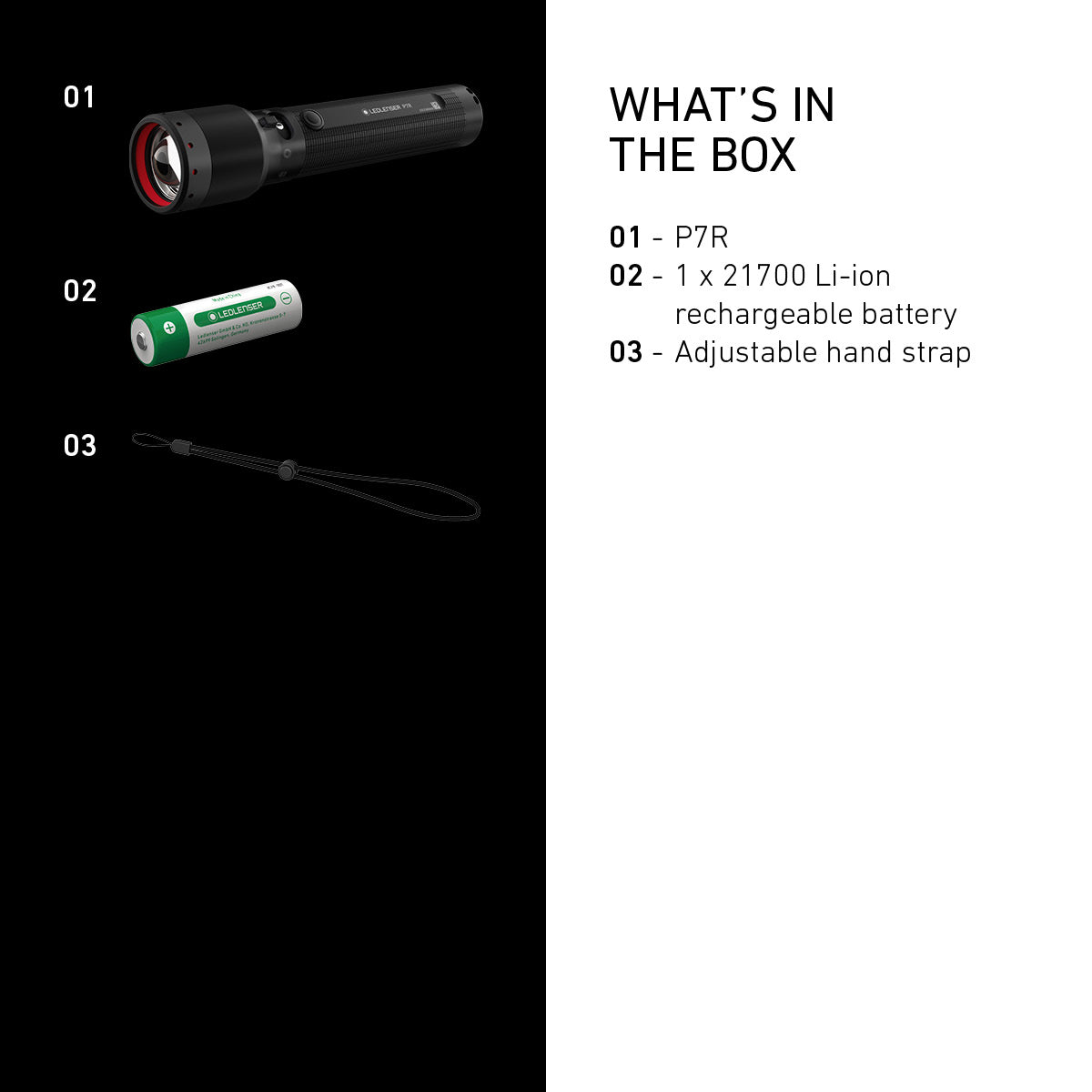 What is in the box with the Ledlenser P7R: torch, 21700 battery and hand strap