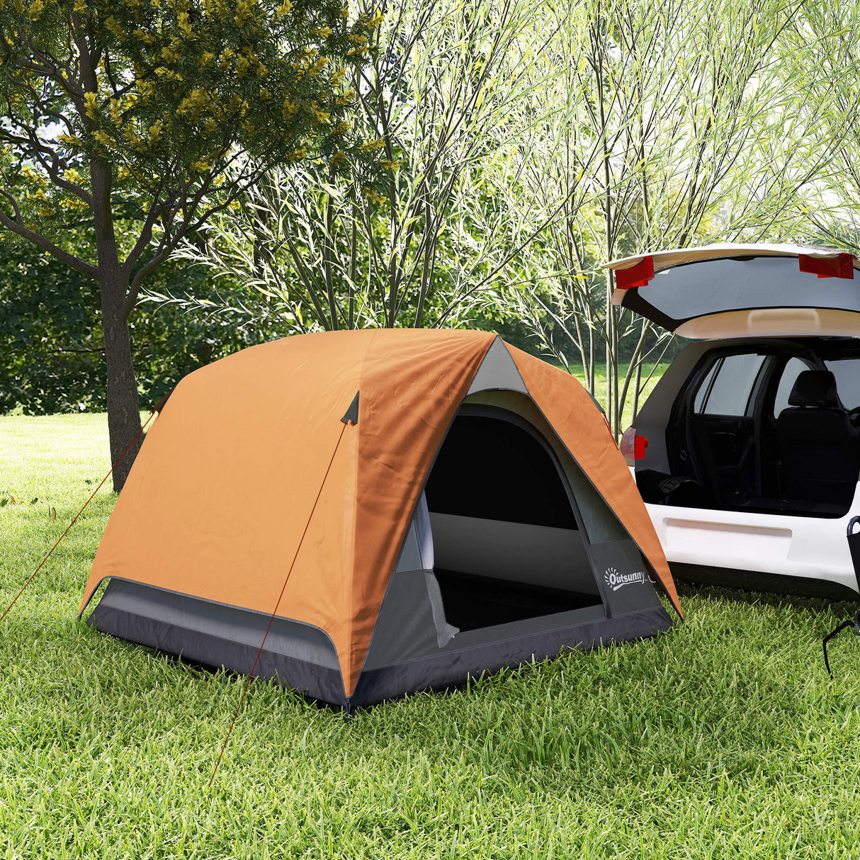 Outsunny 3-4 Person Camping Tent - Orange & Grey packed in carry bag