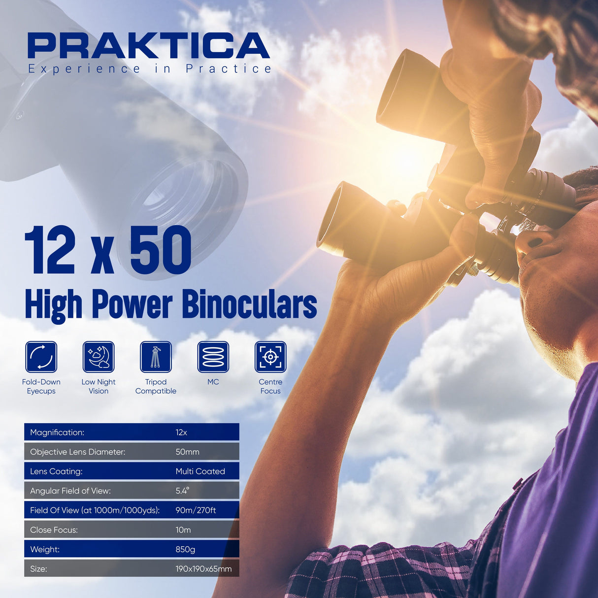 Praktica 12 x 50 high power binoculars with user holding them against a cloudy sky.