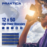 Praktica 12 x 50 high power binoculars with user holding them against a cloudy sky.