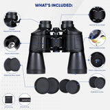 Praktica Falcon 12x50mm Multi Coated Porro Prism Field Binoculars in Black with labelled parts on a white background