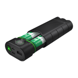 Ledlenser FLEX10 with its battery sled slid out, showing the two green 21700 cells side by side