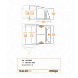 Vango Palma Air 330 floorplan, 235-250cm attachment height, measurements in cm