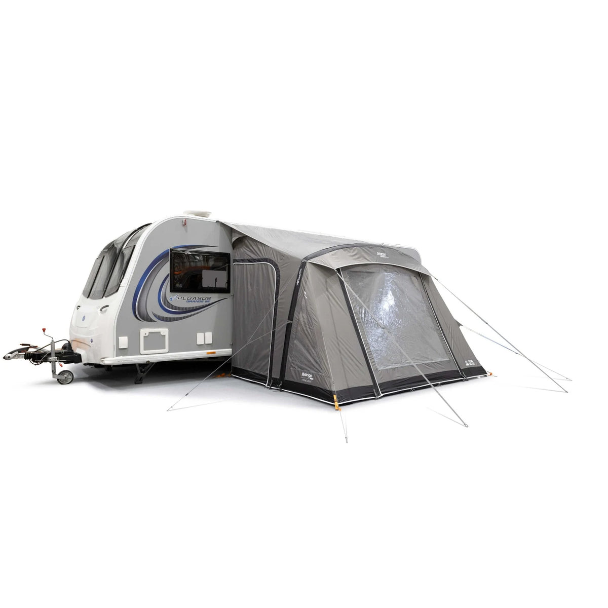 Vango Palma Air 330 inflatable awning pitched on a caravan, angle view