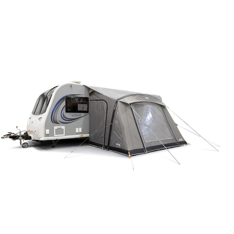 Vango Palma Air 330 inflatable awning pitched on a caravan, angle view