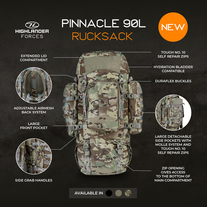 Highlander Forces Pinnacle 90L Rucksack - Full features on black background