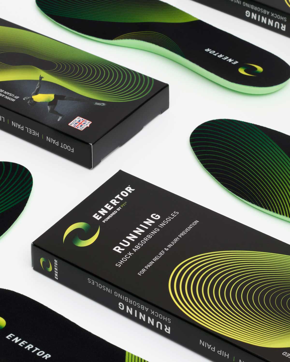 Enertor Running insole boxes and insoles laid out, Made in Britain logo