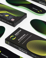 Enertor Running insole boxes and insoles laid out, Made in Britain logo