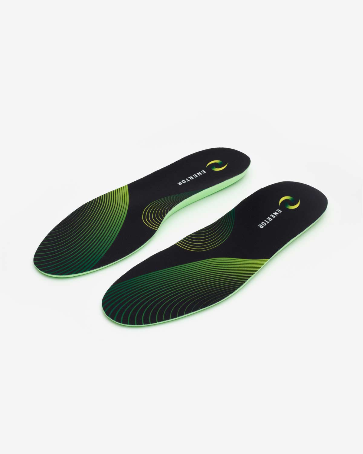 Pair of Enertor PX1 running insoles with black and green top covers
