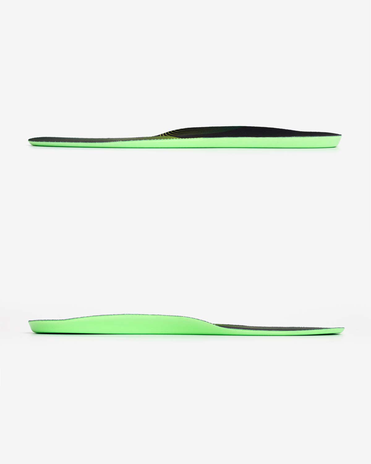 Side profile of Enertor running insoles showing the arch and green PX1 base