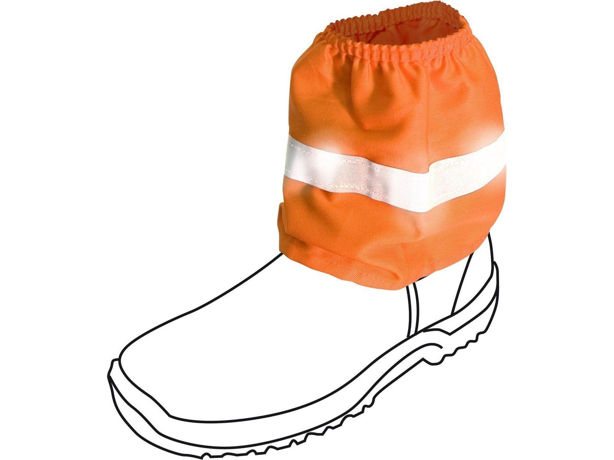 Fluro orange sox saver with a silver 3M reflective strip over a work boot
