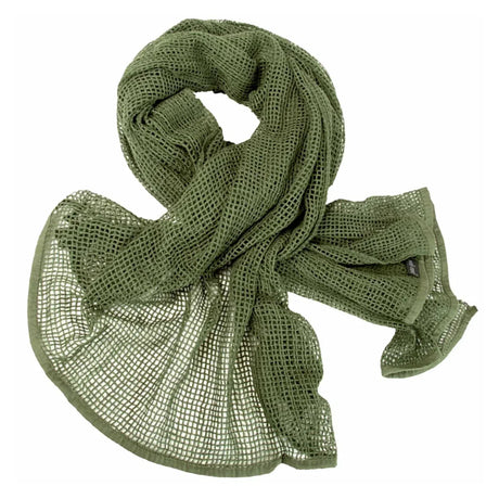 Web-Tex Scrim Net Scarf in olive green, styled as a scarf