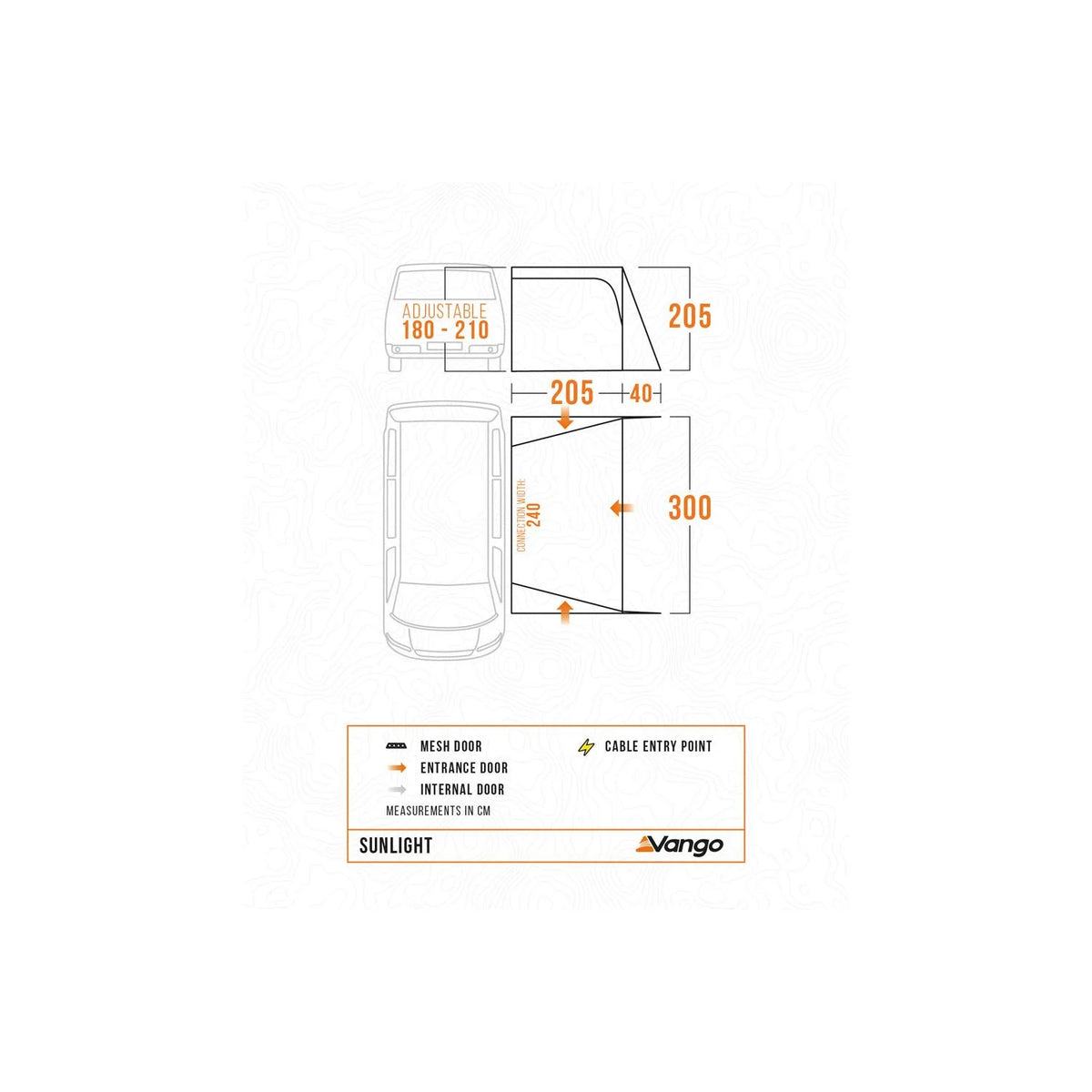 Vango Sunlight floorplan, 180-210cm attachment height, measurements in cm