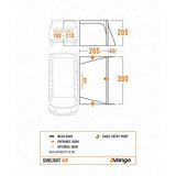 Vango Sunlight Air floorplan, 180-210cm attachment height, measurements in cm