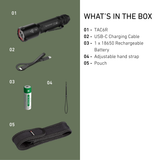 Ledlenser TAC6R box contents: torch, USB-C charging cable, 18650 rechargeable battery, hand strap and pouch