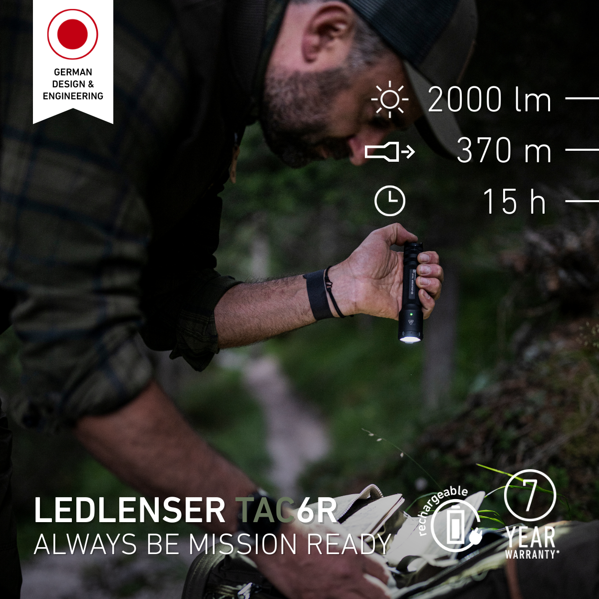 Man using the Ledlenser TAC6R torch to search a bag in woodland, with 2000 lumens, 370m and 15 hour figures