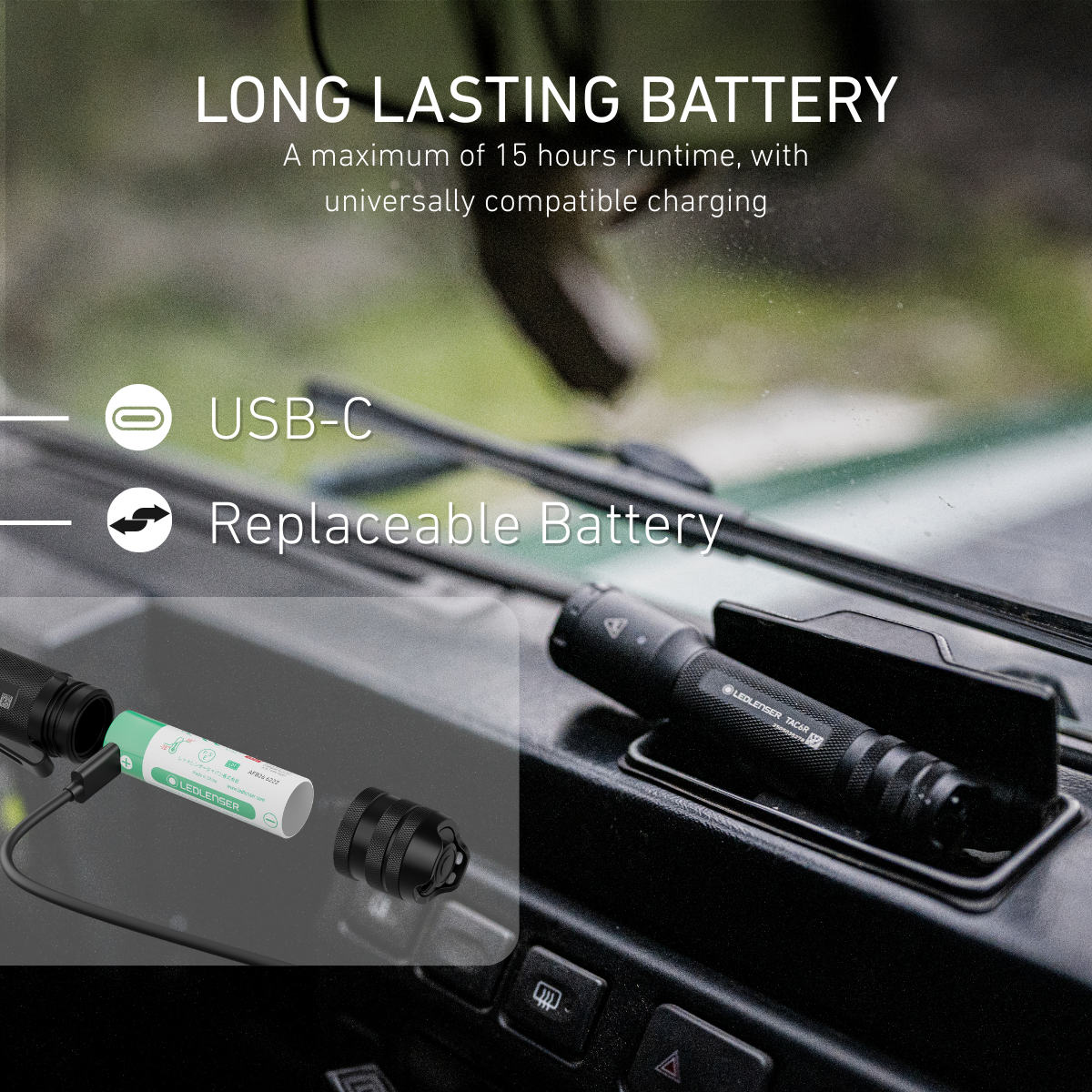 Ledlenser TAC6R torch on a vehicle dashboard, with inset showing USB-C charging and the replaceable battery