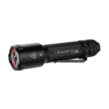 Ledlenser TAC6R black tactical torch with red bezel ring, pocket clip and tactical end cap
